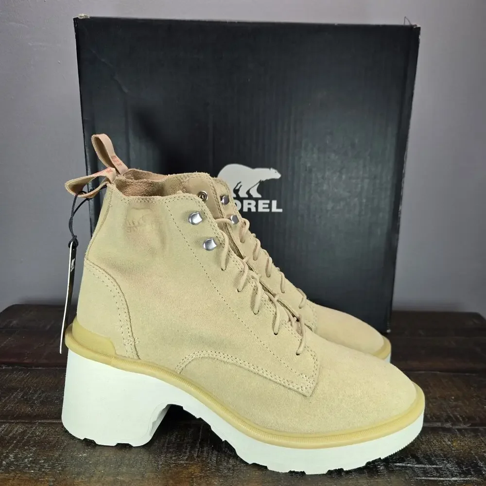 Sorel Hi Line Heeled Womens Size 8 Waterproof Boots Lace Up Suede Cream White